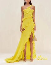 one-shoulder ruffle chiffon dress with high slit – GLORIA